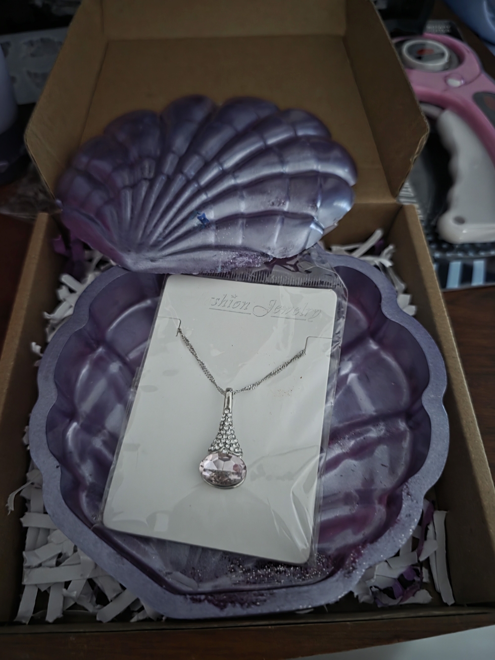 Silver Necklace with Light Pink Crystal Pendant - Fashion Jewelry
